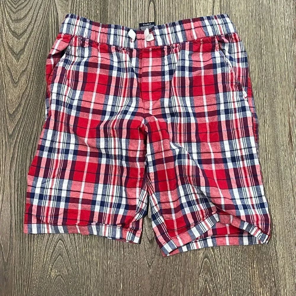 Nautica Boys Youth Plaid Straight-Fit Poplin Flat-Front Shorts Checked Red L/14